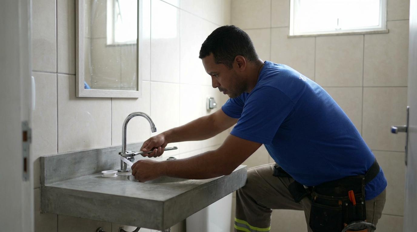 Encanador instalando torneira em Belém‑PA